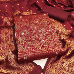 Red Banarasi Silk Dress Material With Heavy Zari Weaving