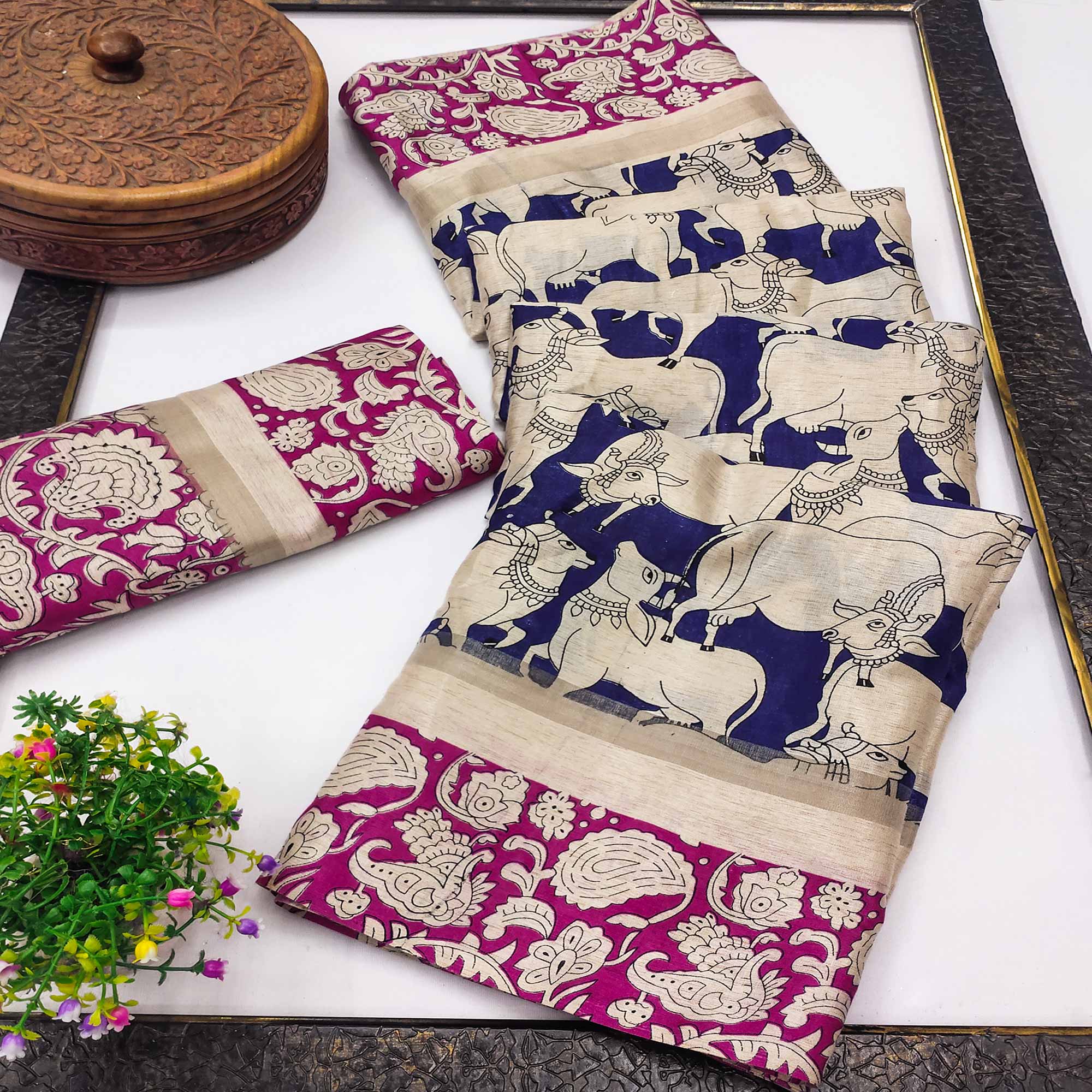 Blue & Pink Cotton Blend Saree Featuring Artistic Animal And Floral Print Fusion