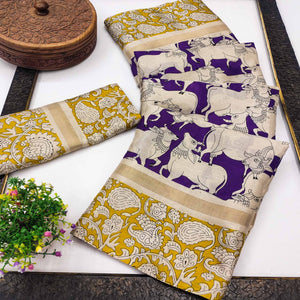 Purple & Yellow Cotton Blend Saree Featuring Artistic Animal And Floral Print Fusion