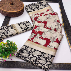 Red & Black Cotton Blend Saree Featuring Artistic Animal And Floral Print Fusion