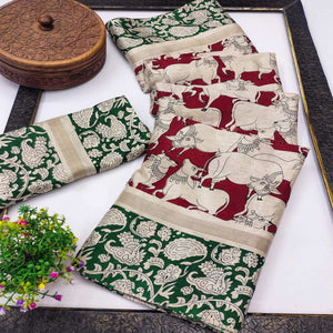 Red & Green Cotton Blend Saree Featuring Artistic Animal And Floral Print Fusion