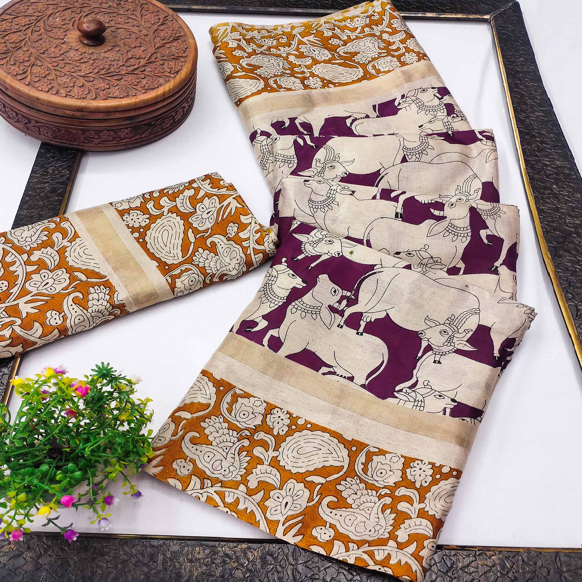 Wine & Mustard Cotton Blend Saree Featuring Artistic Animal And Floral Print Fusion