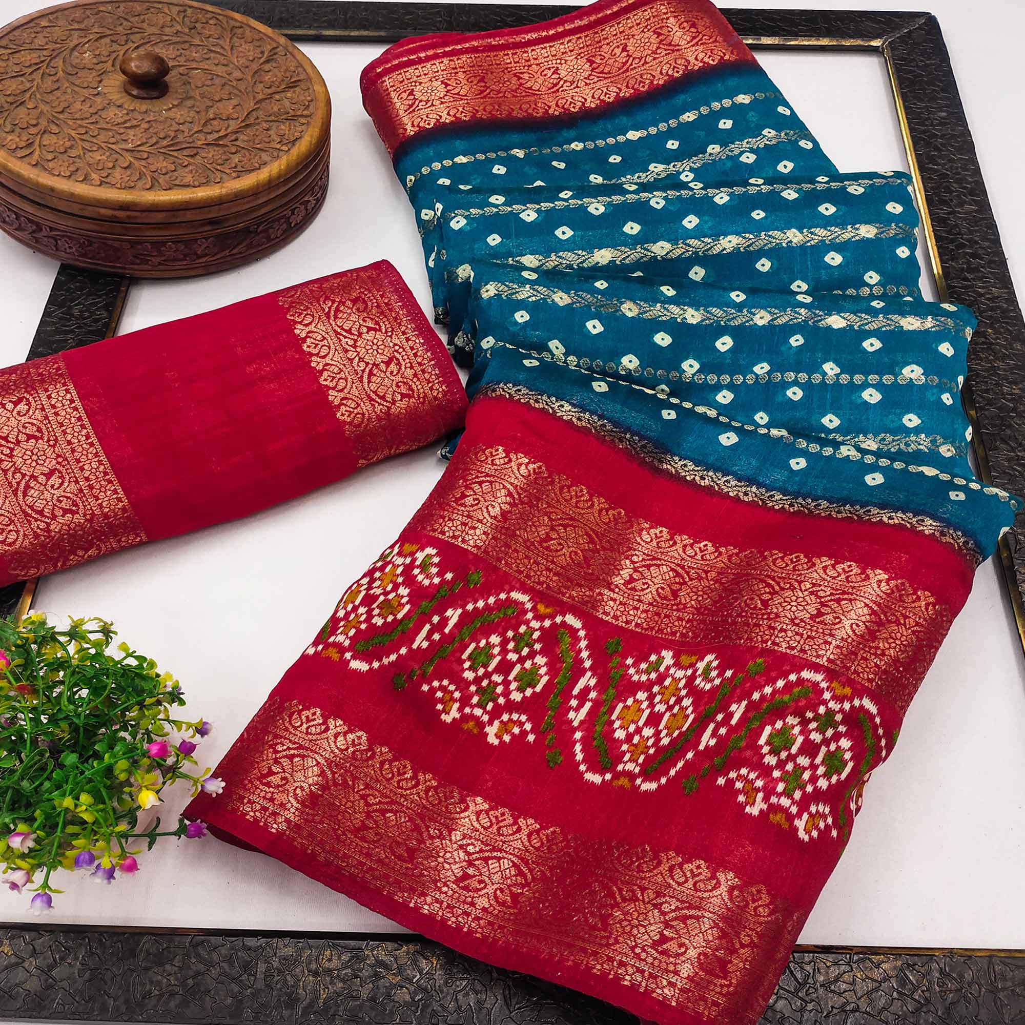 Blue Dola Silk Saree With Traditional Bandhani Motifs & Intricate Zari Weaving Elegance