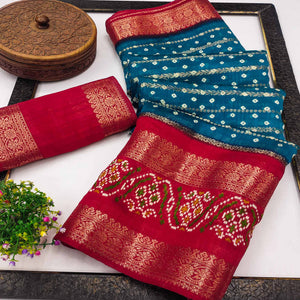 Blue Dola Silk Saree With Traditional Bandhani Motifs & Intricate Zari Weaving Elegance