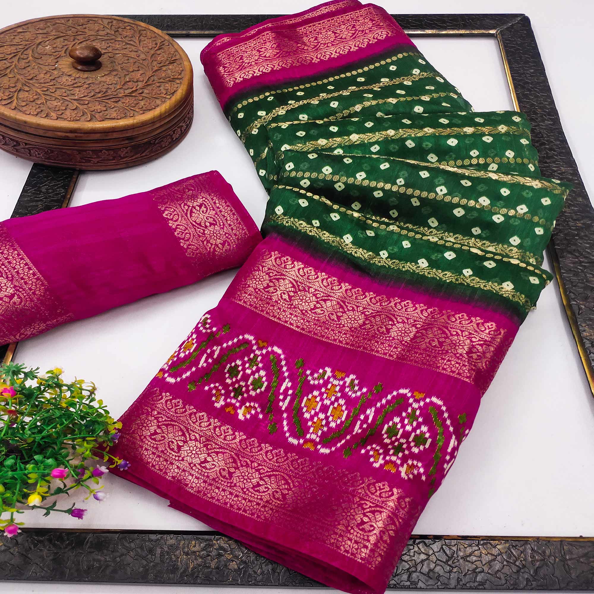 Green Dola Silk Saree With Traditional Bandhani Motifs & Intricate Zari Weaving Elegance