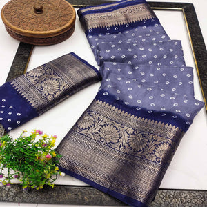 Blue Bandhani Design Dola Silk Saree with Classic Zari Detailing