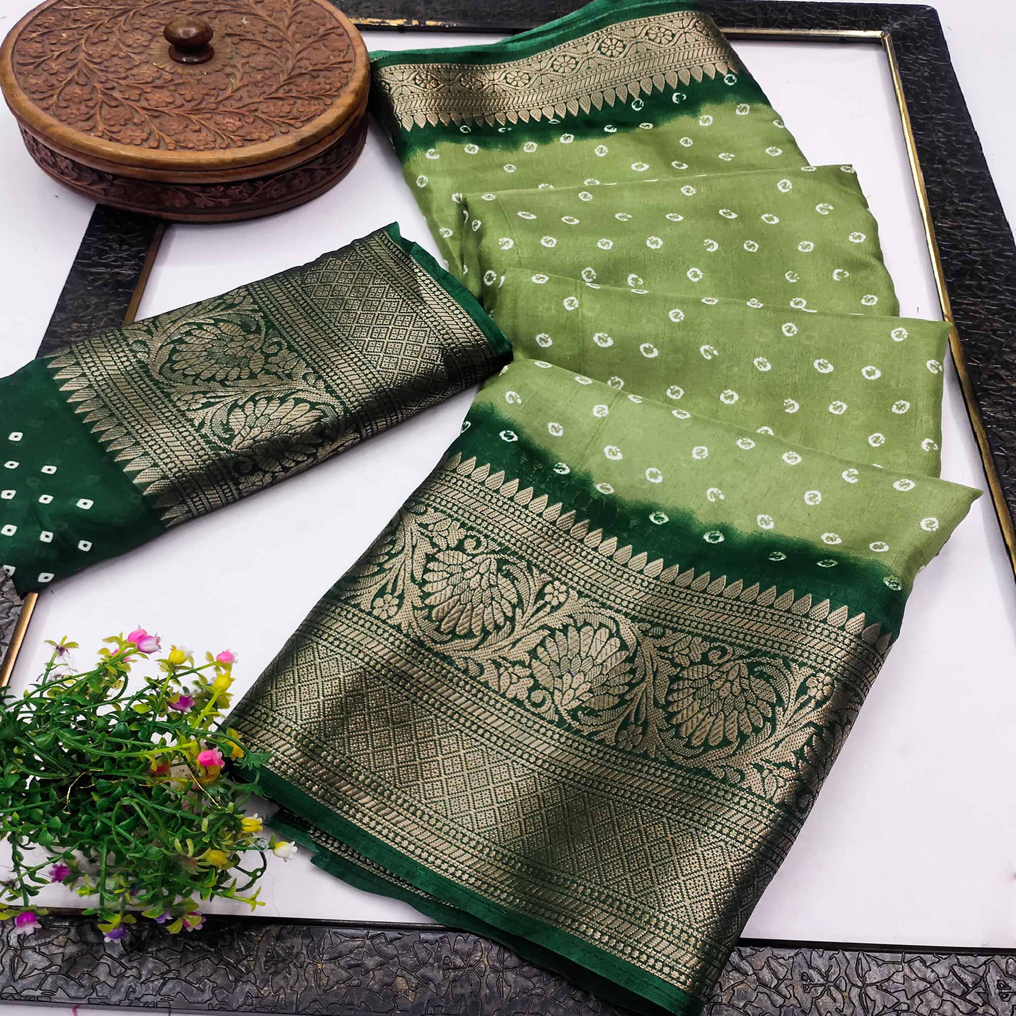Green Bandhani Design Dola Silk Saree with Classic Zari Detailing
