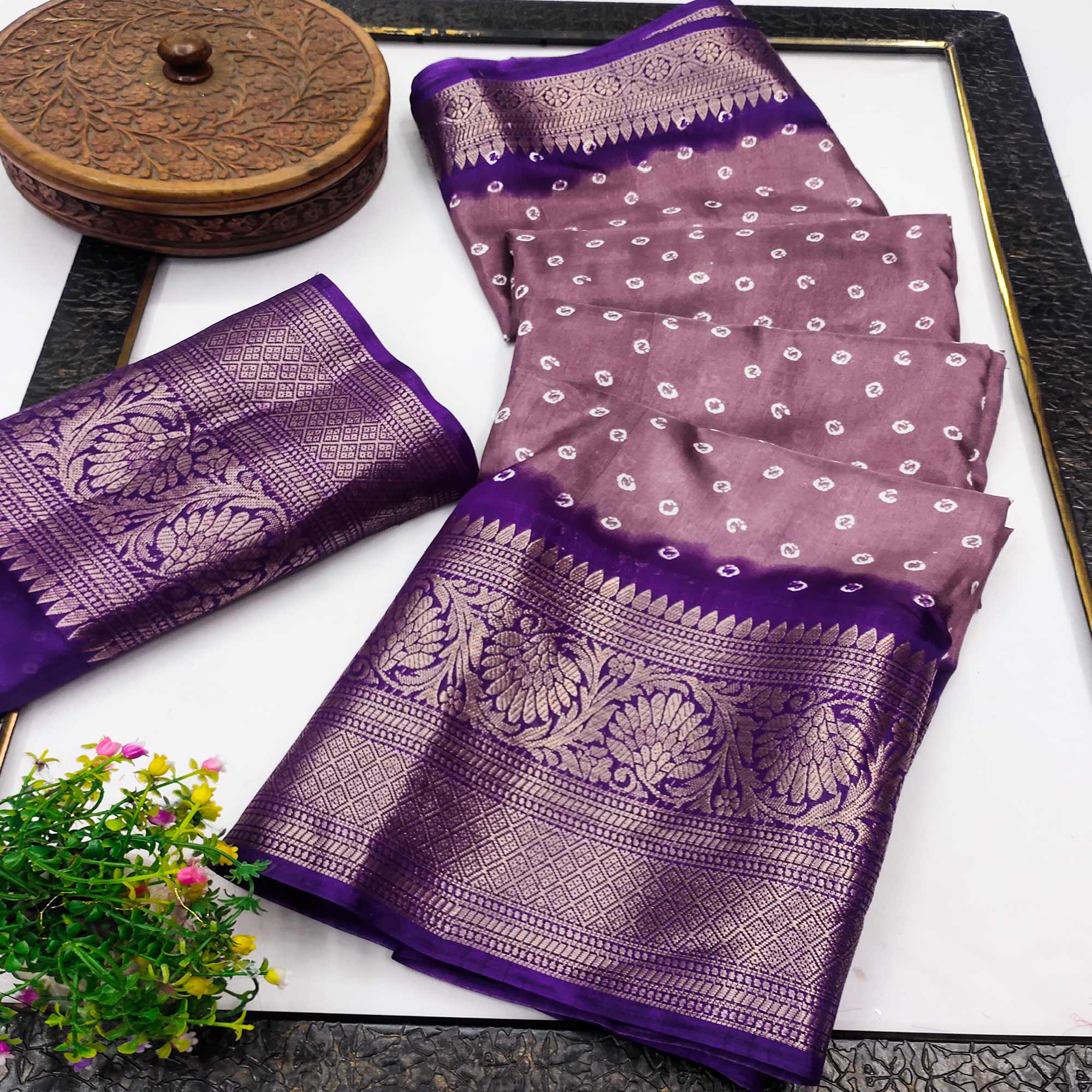 Mauve Bandhani Design Dola Silk Saree with Classic Zari Detailing
