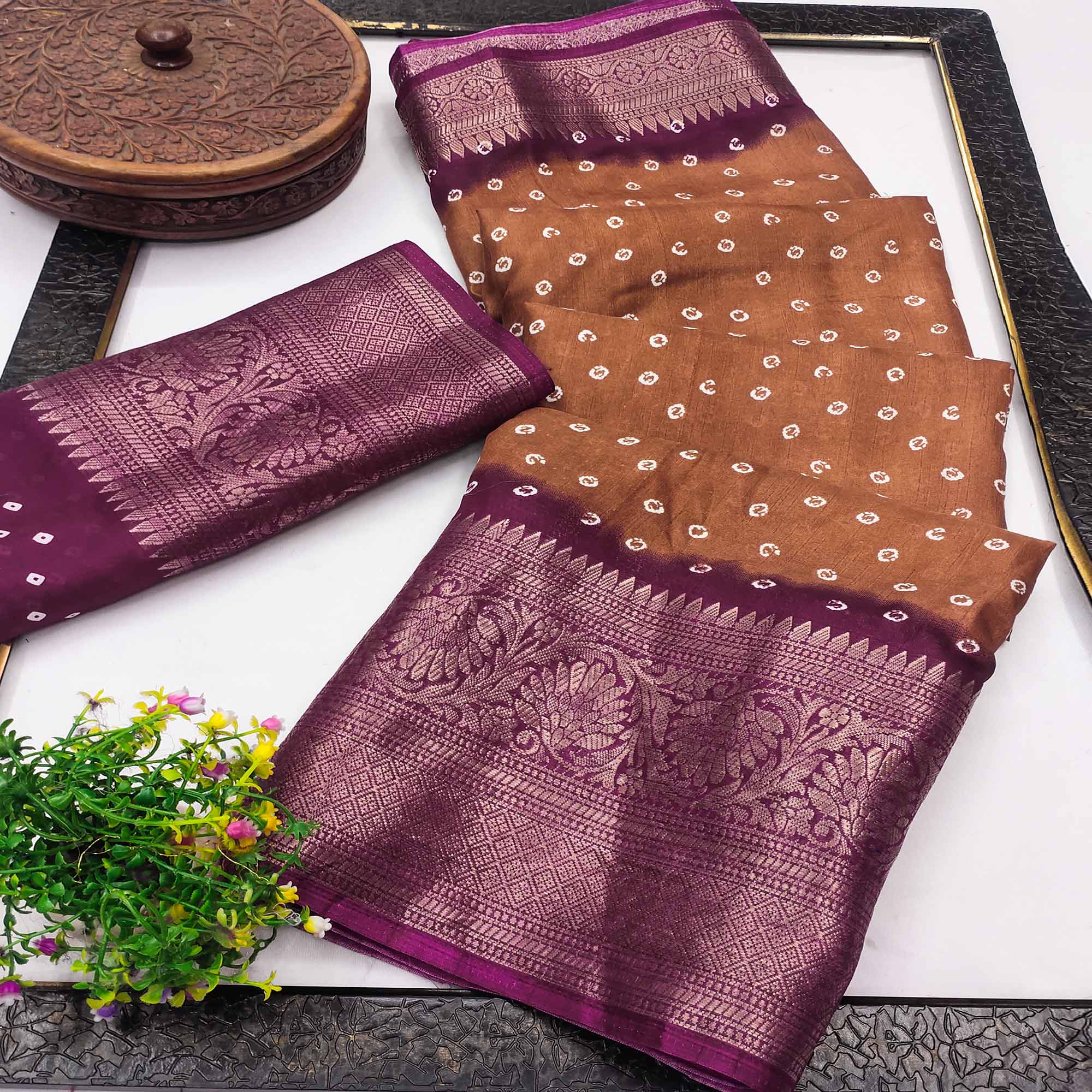 Rust Bandhani Design Dola Silk Saree with Classic Zari Detailing