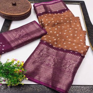 Rust Bandhani Design Dola Silk Saree with Classic Zari Detailing