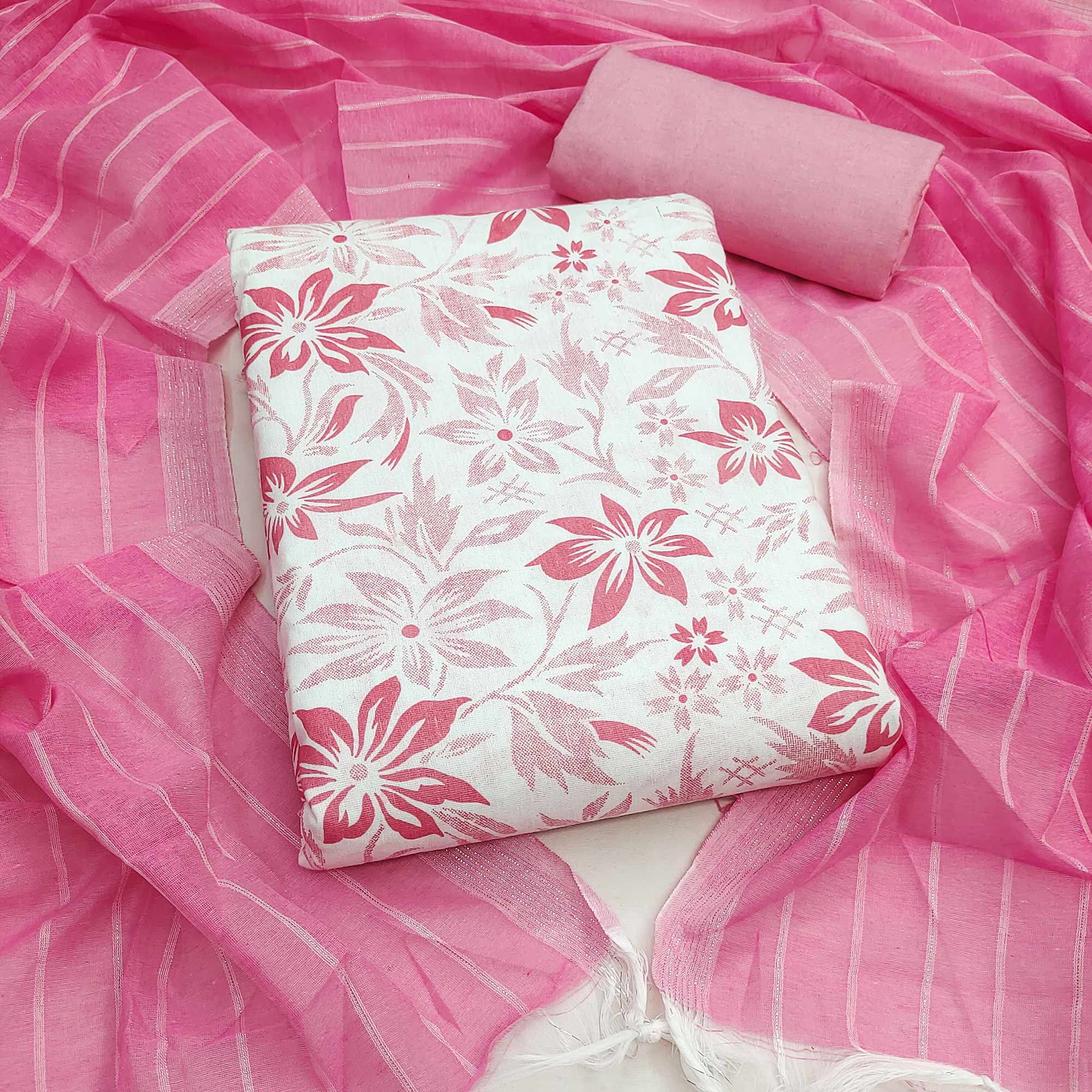 Pure Cotton Pink Dress Material with Delicate Floral Prints