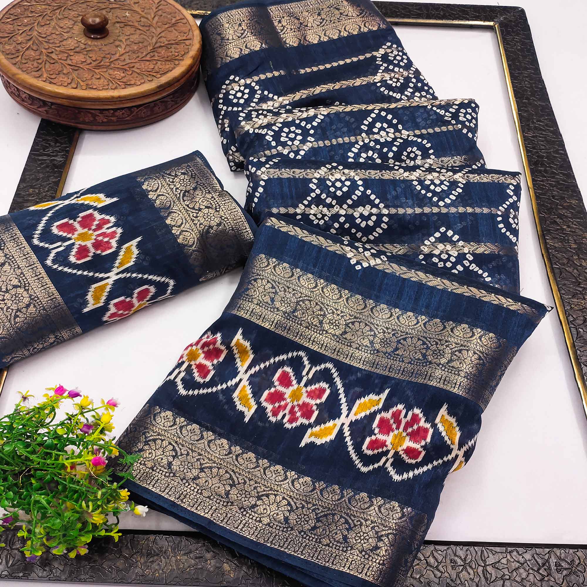 Festive Blue Bandhani Print Saree with Rich Zari Detailing