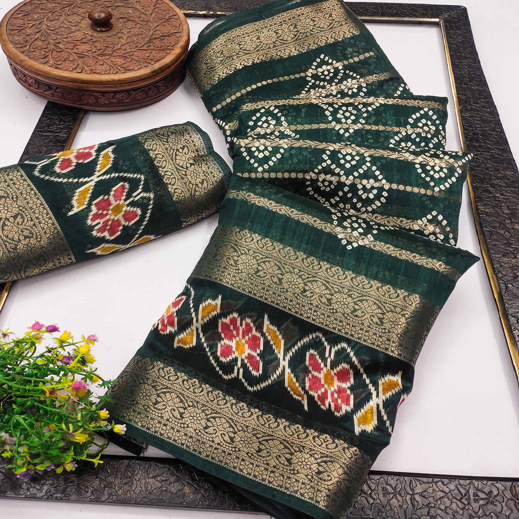 Festive Green Bandhani Print Saree with Rich Zari Detailing
