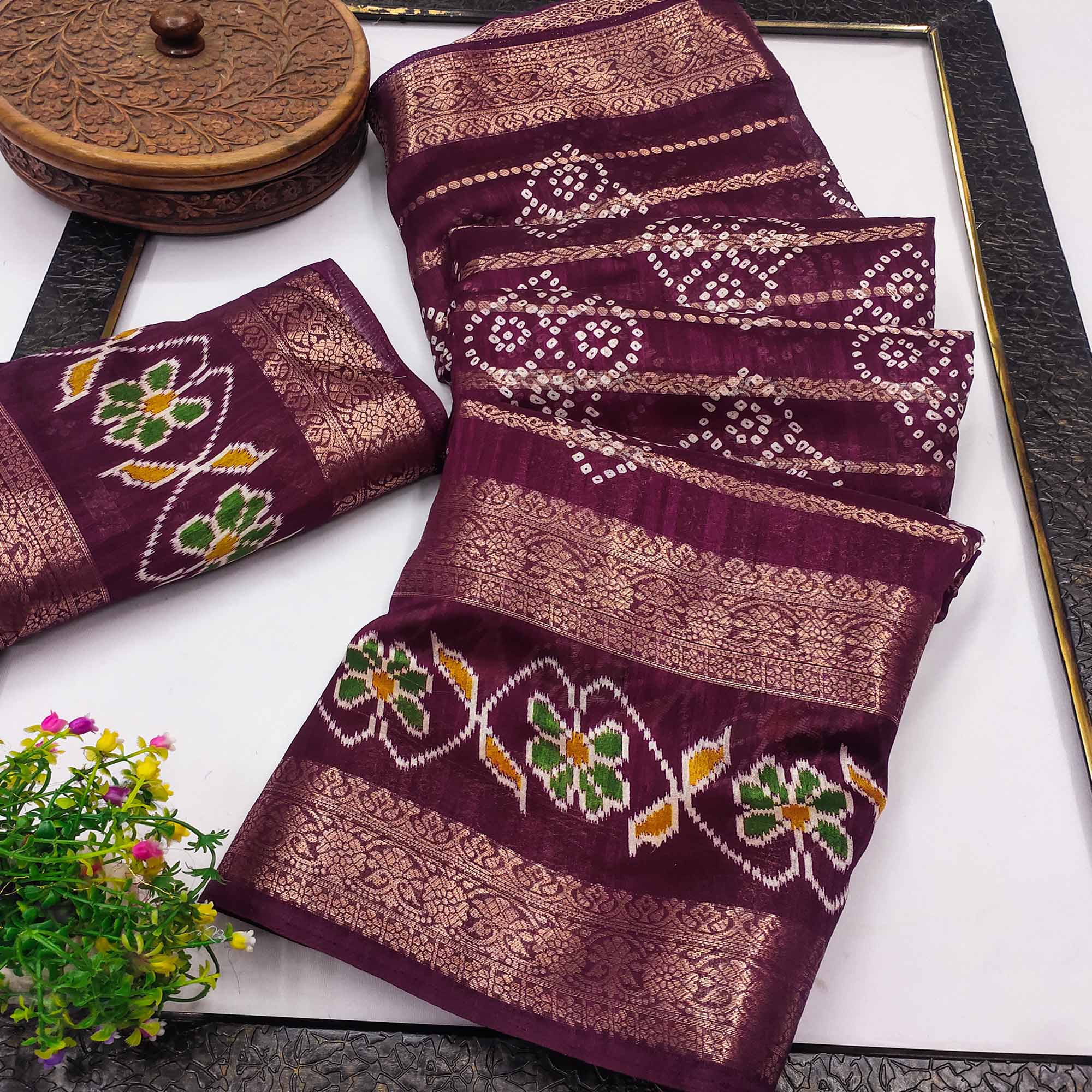 Festive Purple Bandhani Print Saree with Rich Zari Detailing