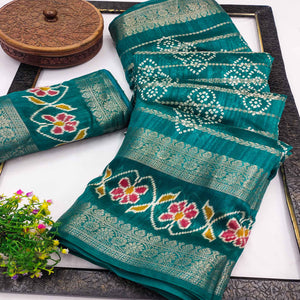 Festive Rama Green Bandhani Print Saree with Rich Zari Detailing