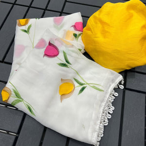 White Floral Printed Georgette Party Wear Saree With Cowrie Shell Edge