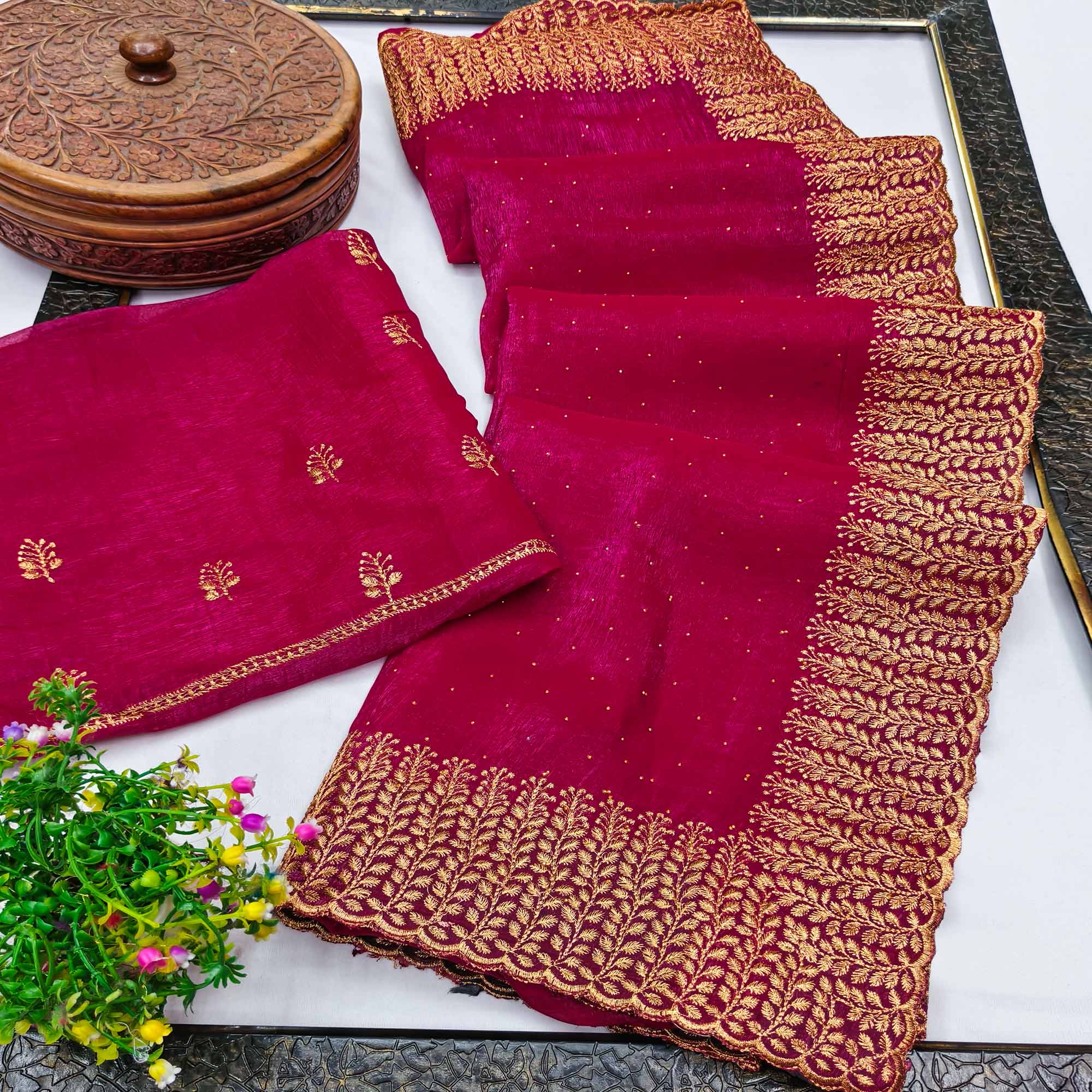 Pink Chiffon Saree with Shimmering Stone Detailing