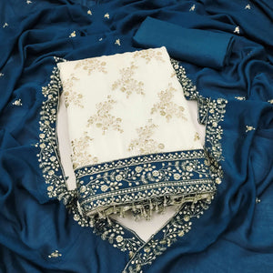 Teal and Off White Vichitra Silk Fabric with Embroidered Detailing