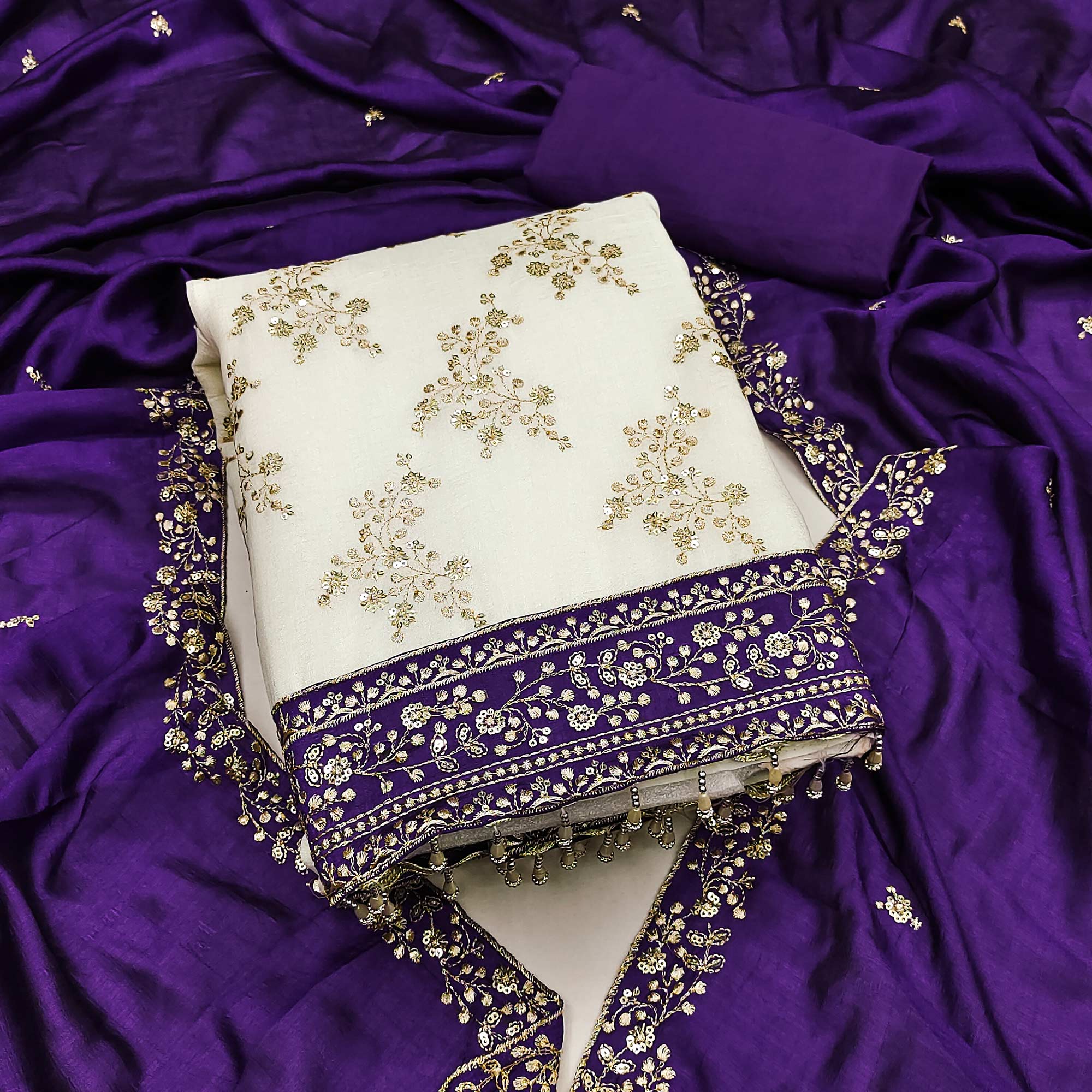 Violet and Off White Vichitra Silk Fabric with Embroidered Detailing