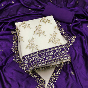 Violet and Off White Vichitra Silk Fabric with Embroidered Detailing