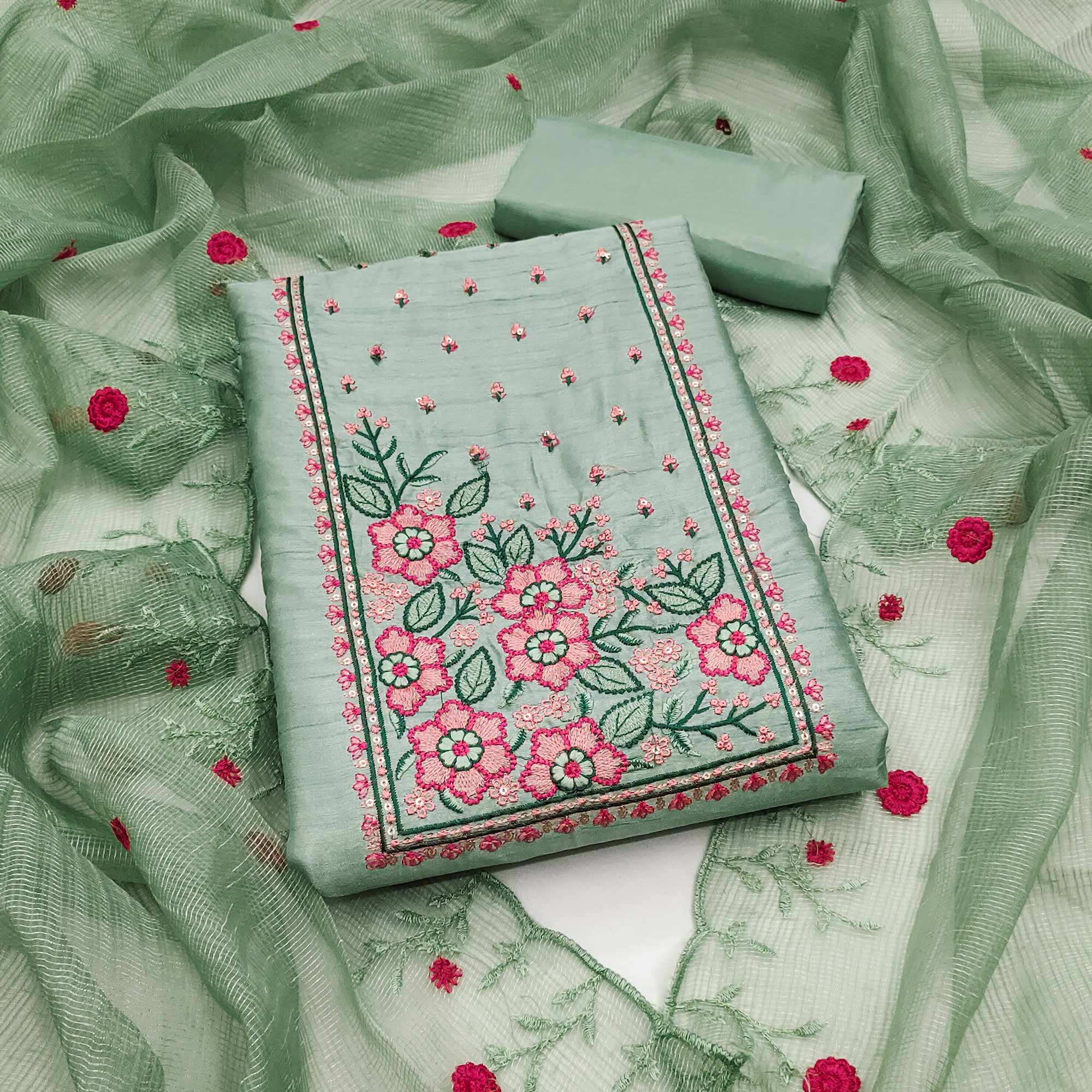 Green Cotton Blend Dress Material Featuring Delicate Floral Embroidery & Sequins Work