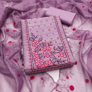 Lavender Cotton Blend Dress Material Featuring Delicate Floral Embroidery & Sequins Work