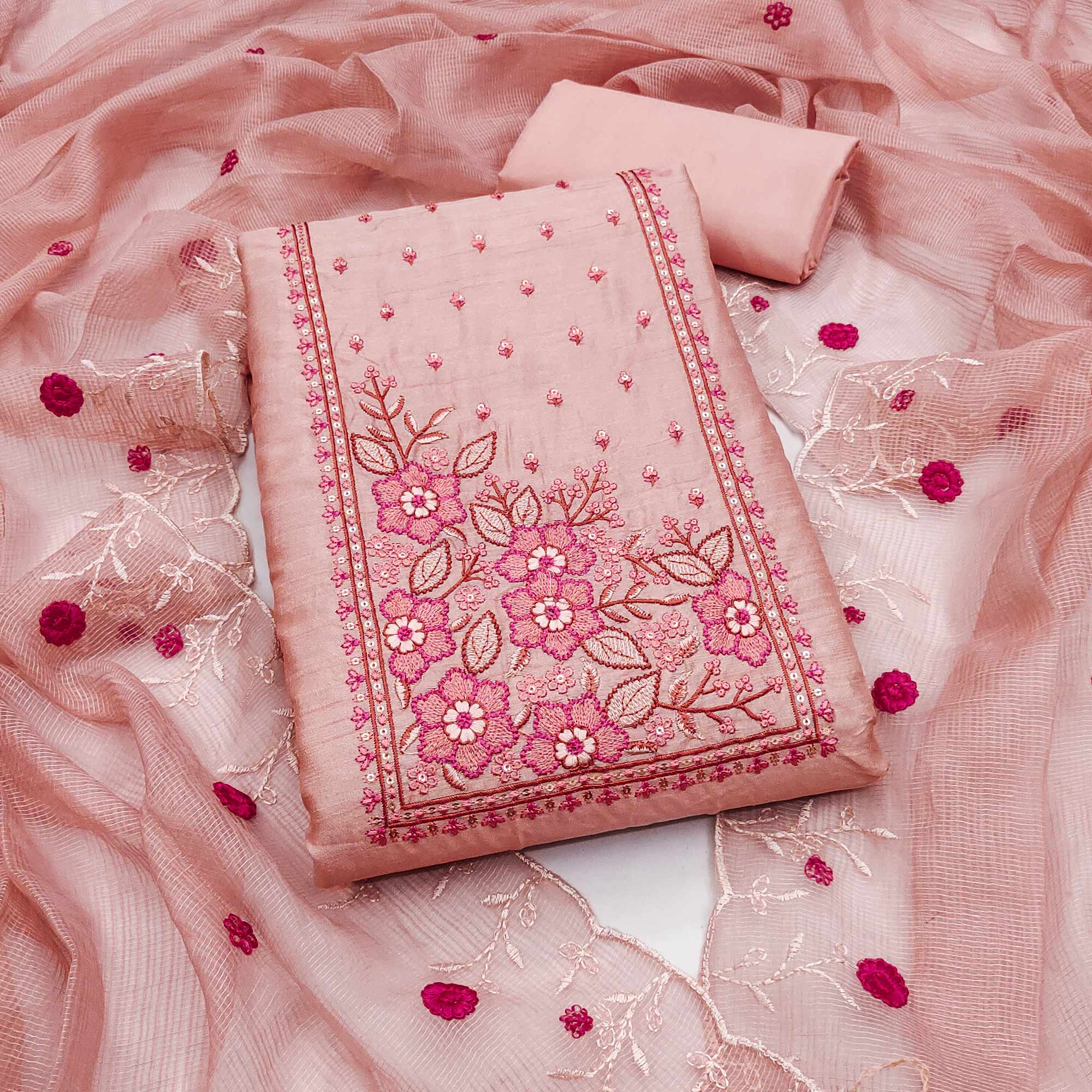 Peach Cotton Blend Dress Material Featuring Delicate Floral Embroidery & Sequins Work