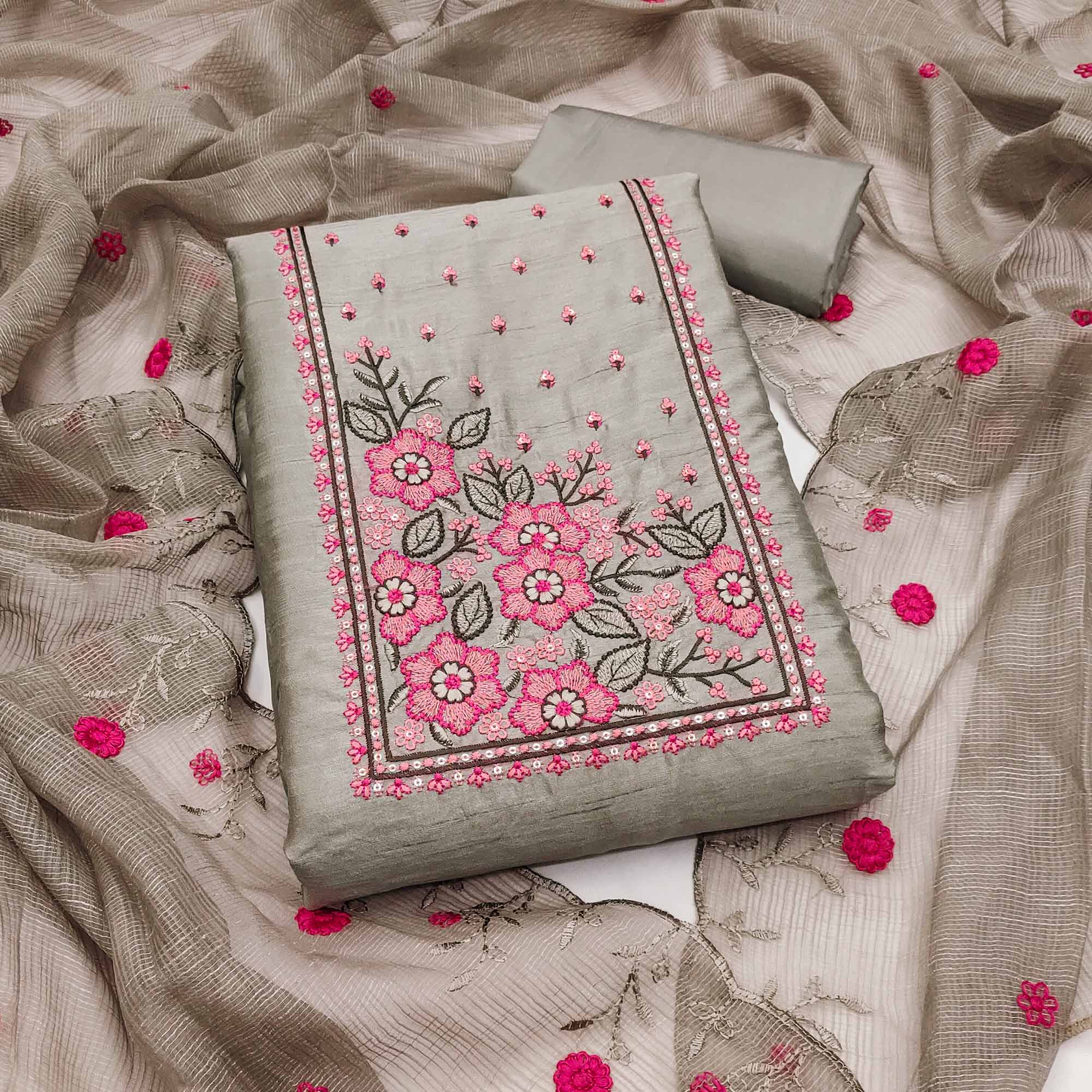 Taupe Cotton Blend Dress Material Featuring Delicate Floral Embroidery & Sequins Work