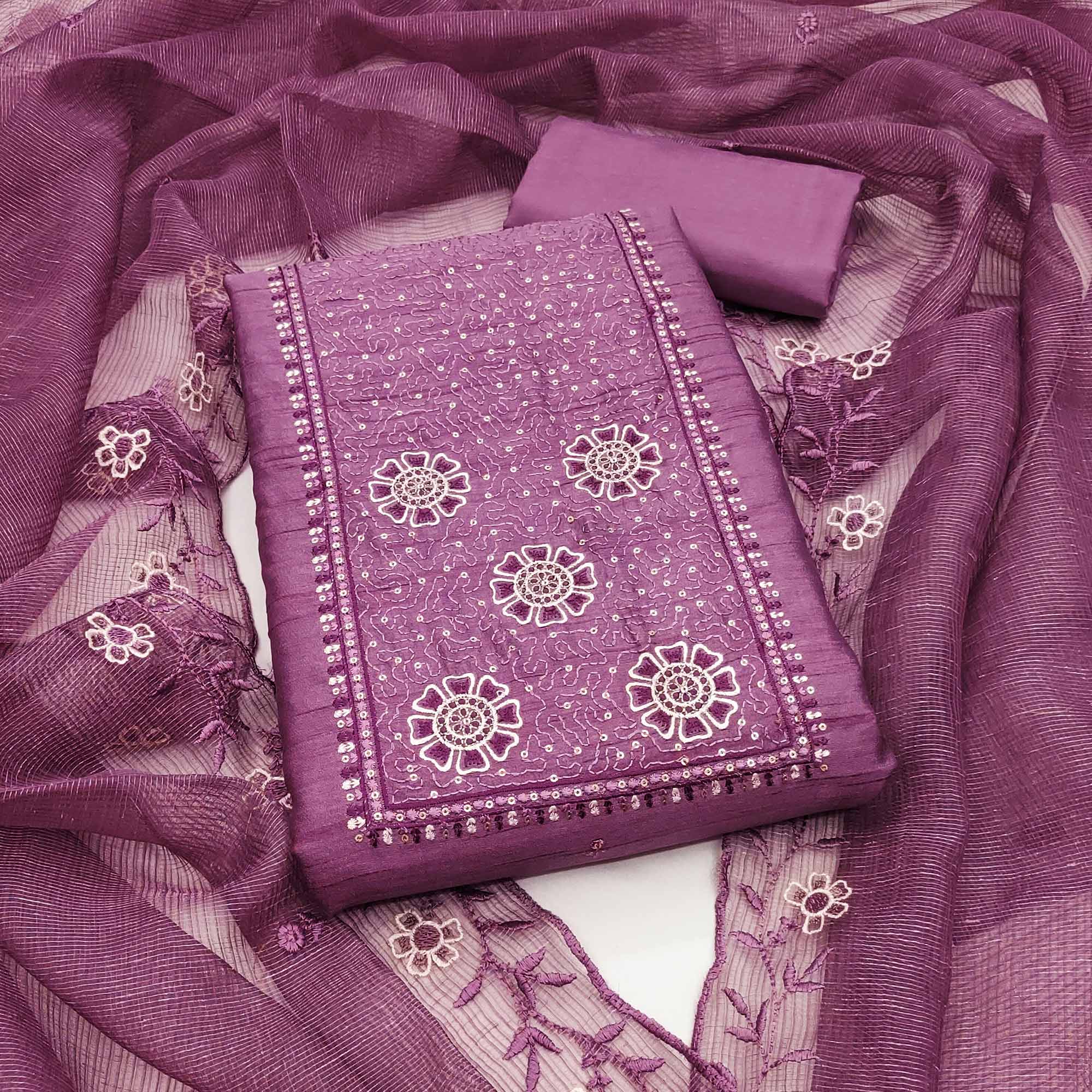 Plum Purple Elegance In Cotton Blend Dress Material With Floral Thread & Sequin Work