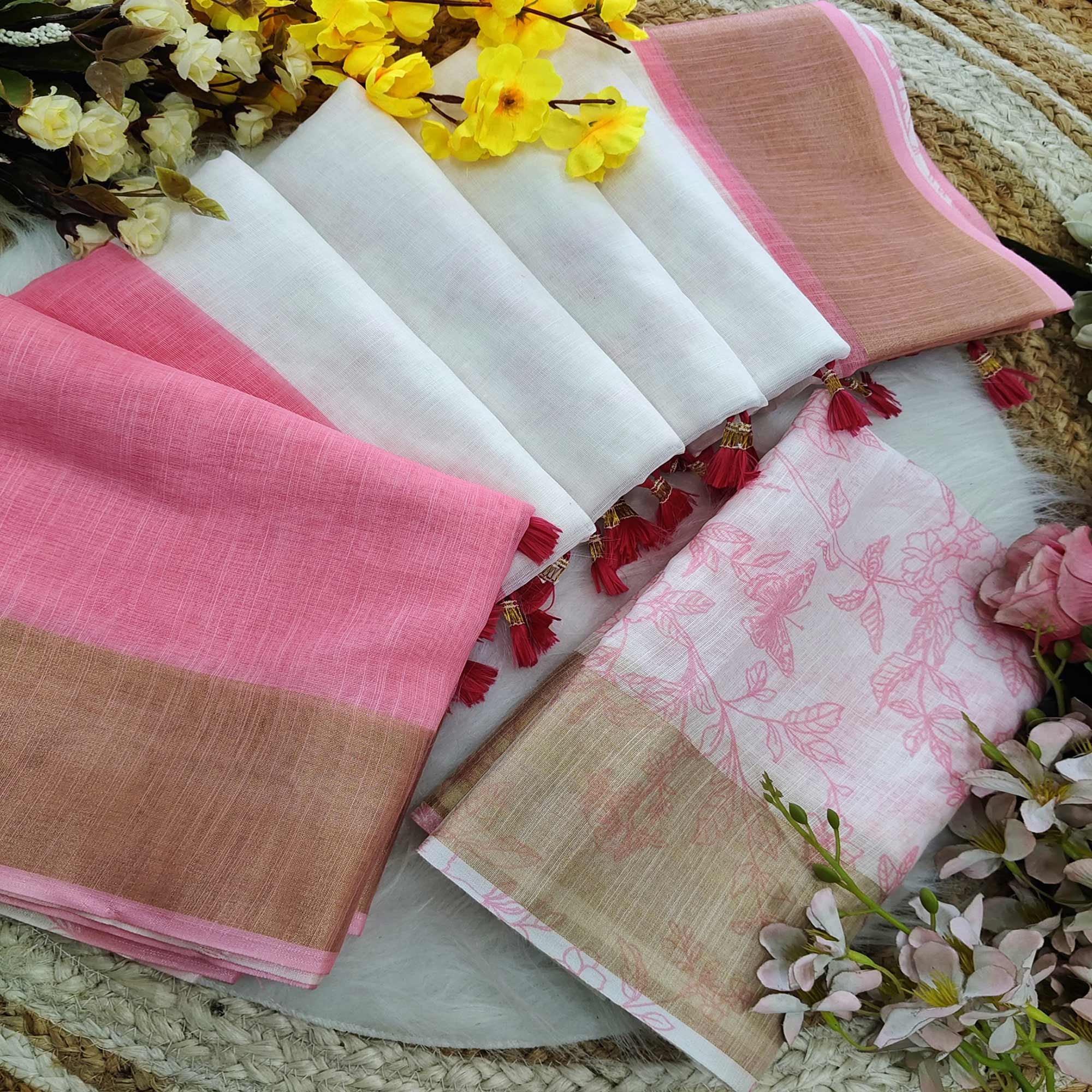 Soft Linen Saree in White and Pink with Woven Touch