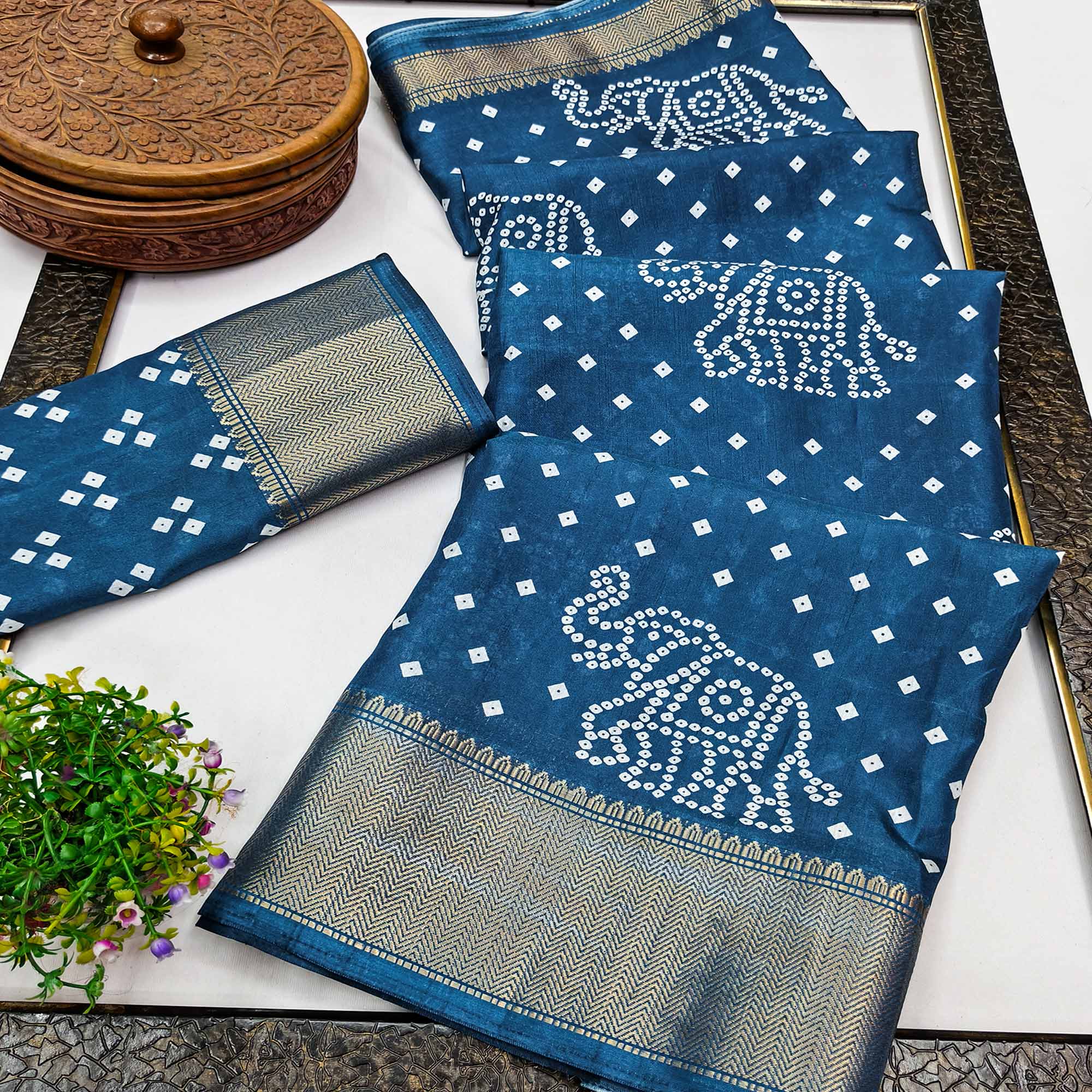 Blue Dola Silk Saree Featuring Traditional Bandhani Print & Elegant Weaving Border