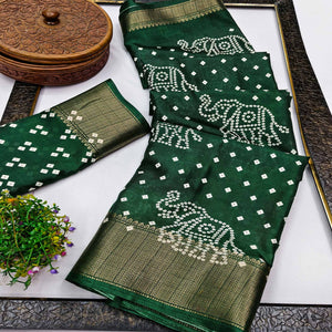 Green Dola Silk Saree Featuring Traditional Bandhani Print & Elegant Weaving Border