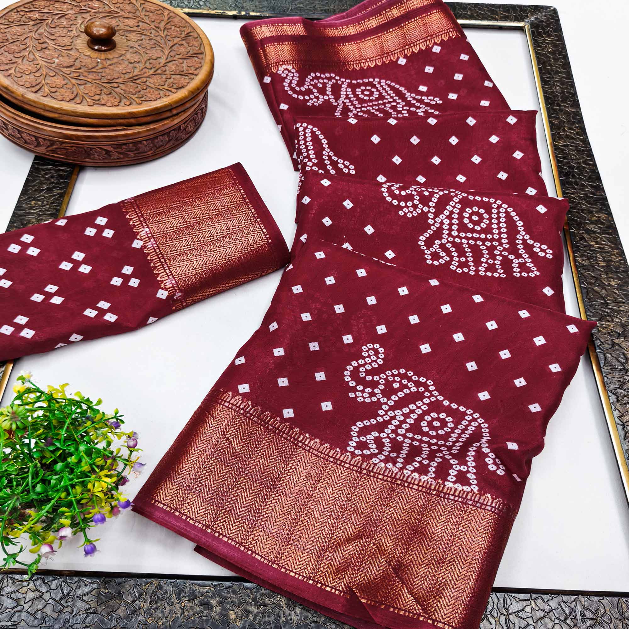 Maroon Dola Silk Saree Featuring Traditional Bandhani Print & Elegant Weaving Border