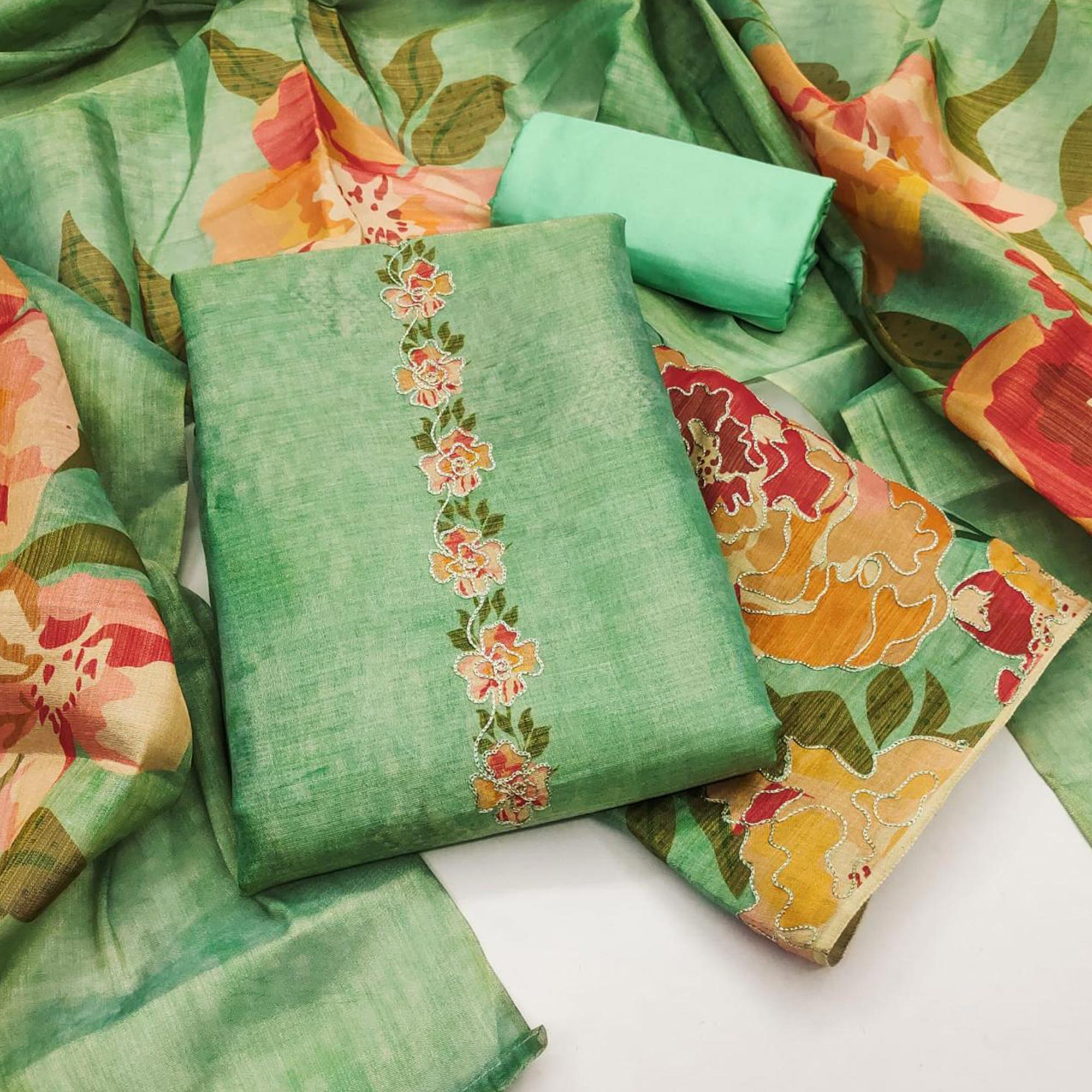 Green Silk Blend Dress Material With Floral Print Accents & Delicate Thread Embroidery