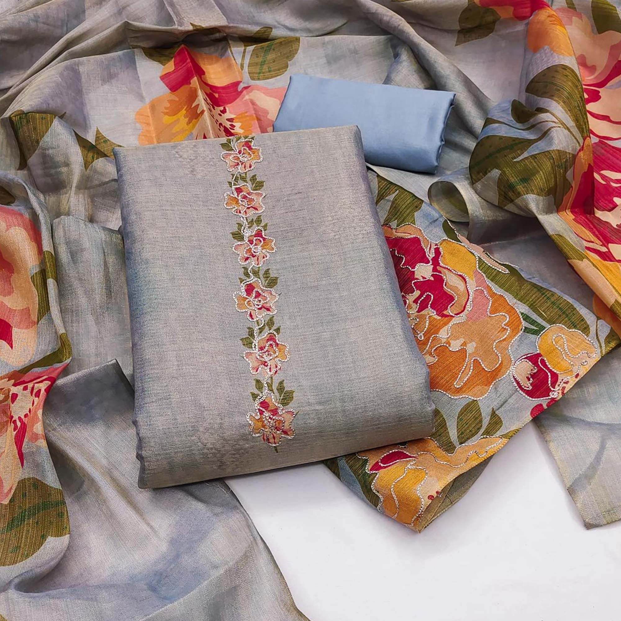 Grey Silk Blend Dress Material With Floral Print Accents & Delicate Thread Embroidery