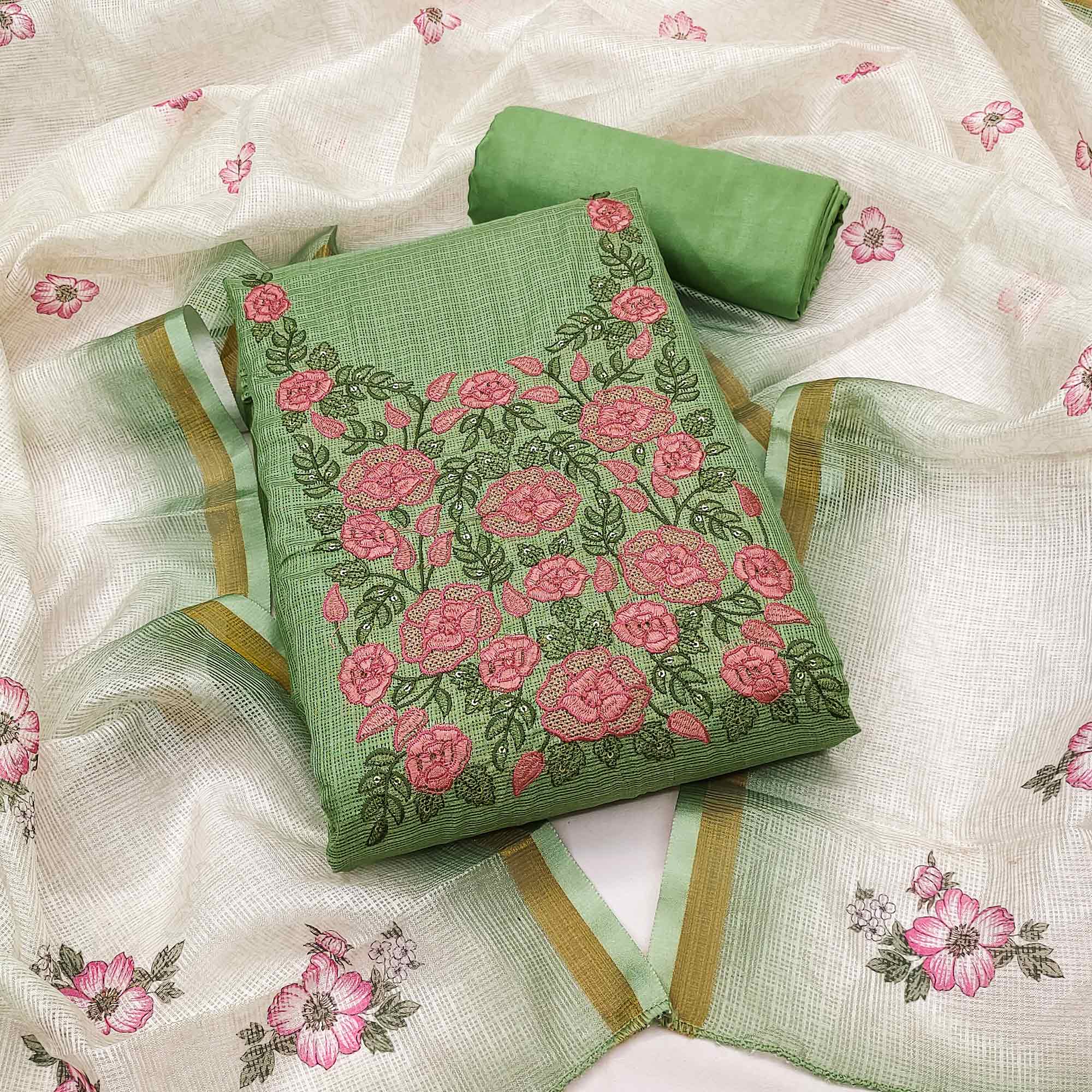 Green Kota Doria Dress Material Adorned With Delicate Floral Sequins Embroidery Work