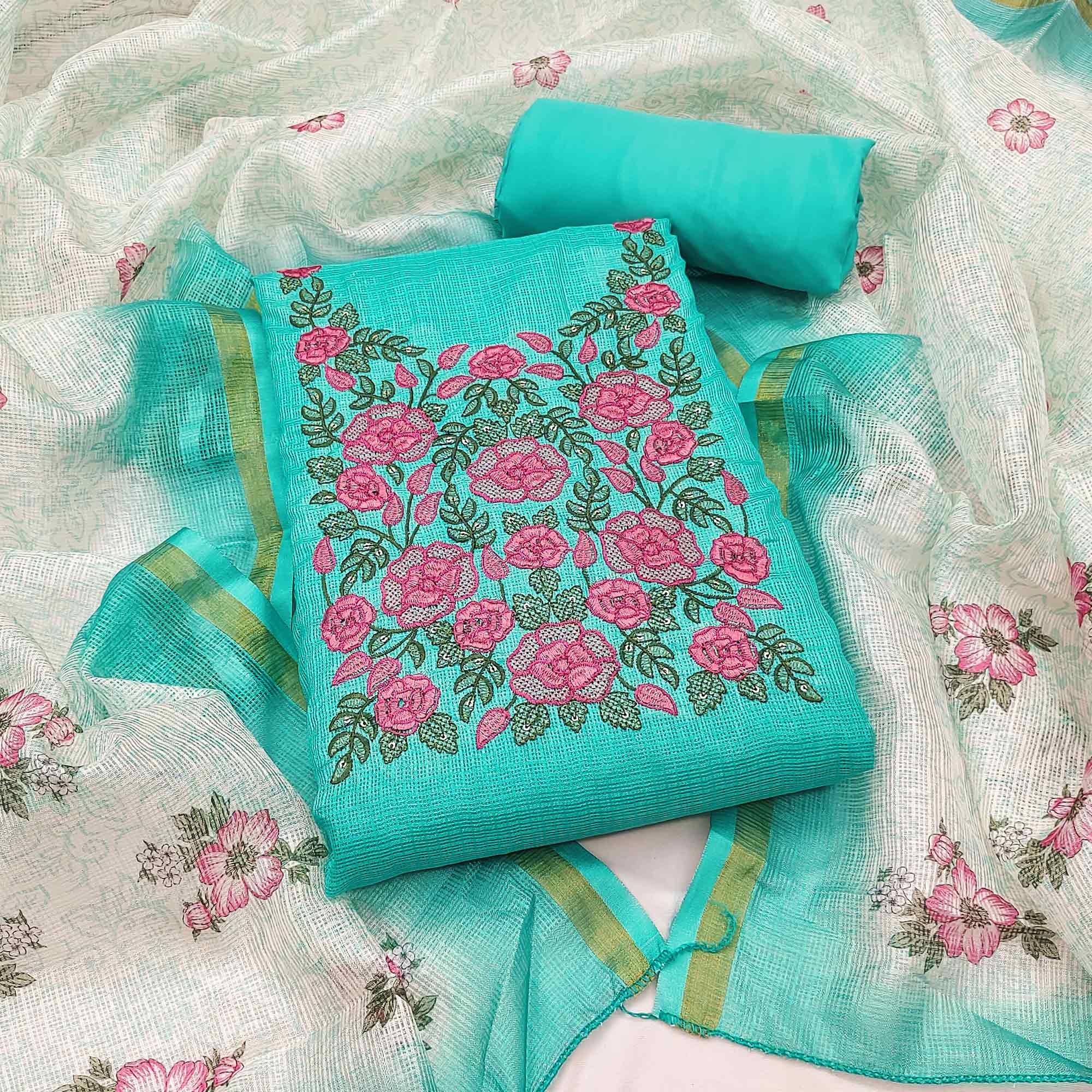 Turquoise Kota Doria Dress Material Adorned With Delicate Floral Sequins Embroidery Work
