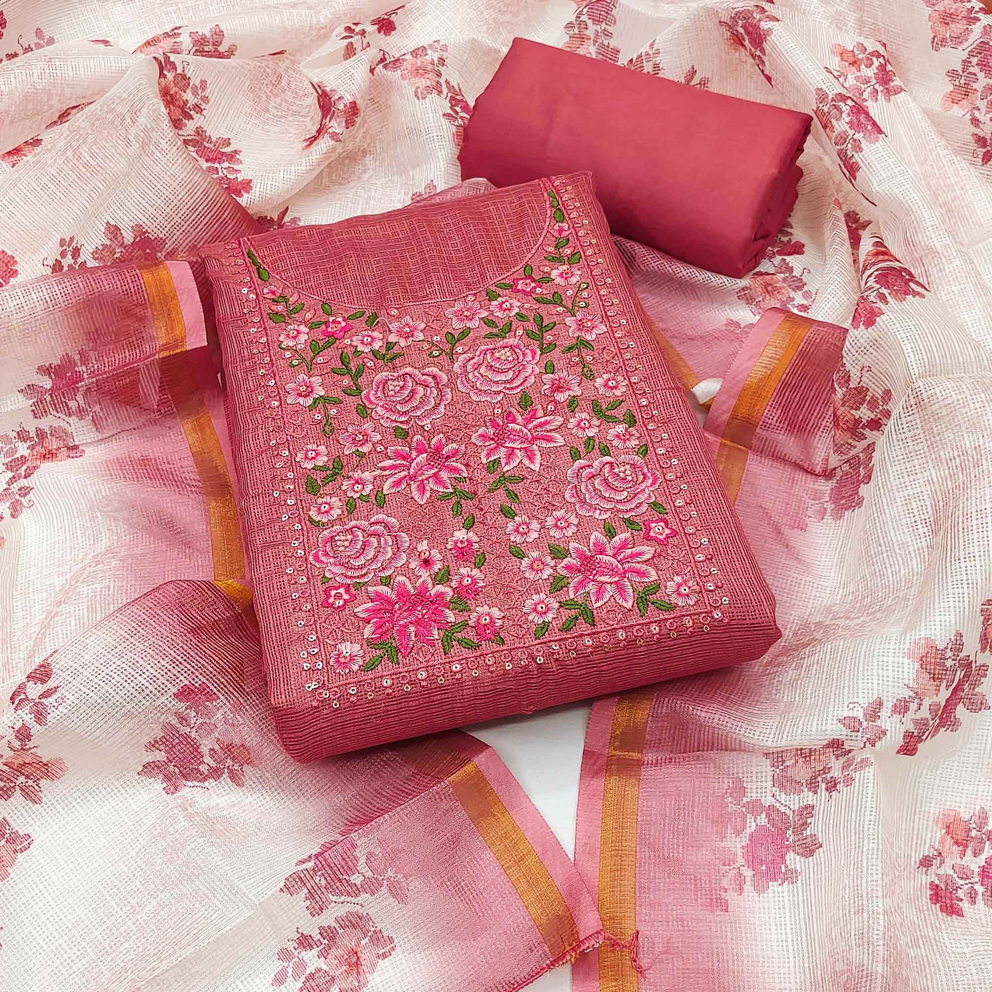 Pink Kota Doria Dress Material Featuring Elegant Floral Design With Sparkling Sequins Embroidery