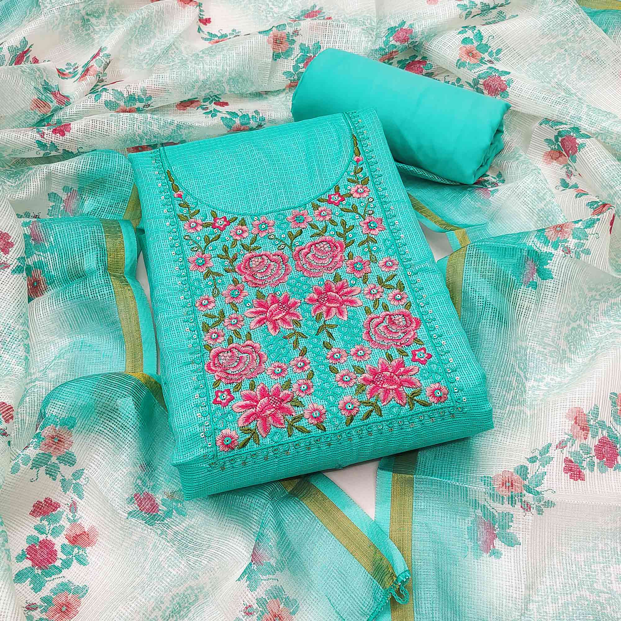 Turquoise Kota Doria Dress Material Featuring Elegant Floral Design With Sparkling Sequins Embroidery