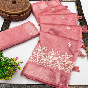 Peach Art Silk Saree Adorned With Delicate Floral Embroidery & Stylish Tassel Pallu