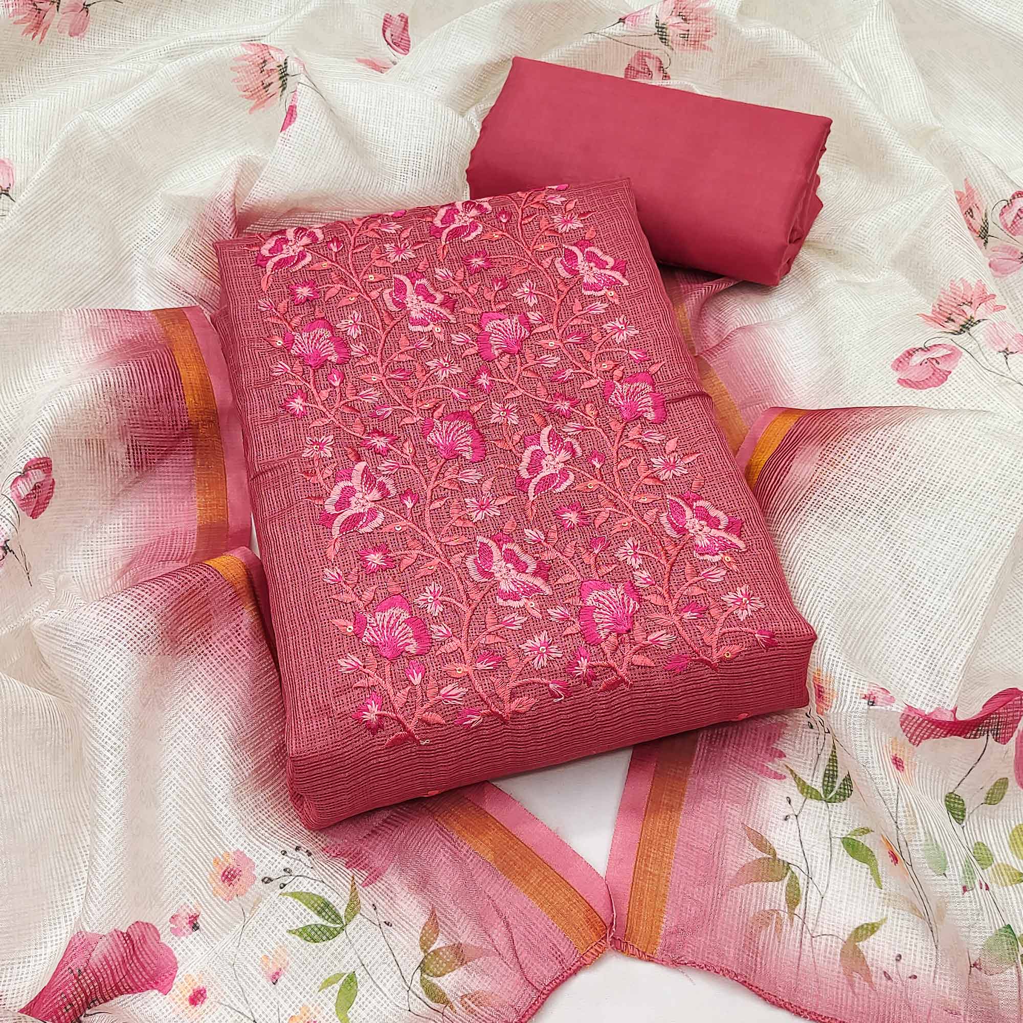 Pink Kota Doria Dress Material With Intricate Floral Motifs & Sparkling Sequins Embroidery