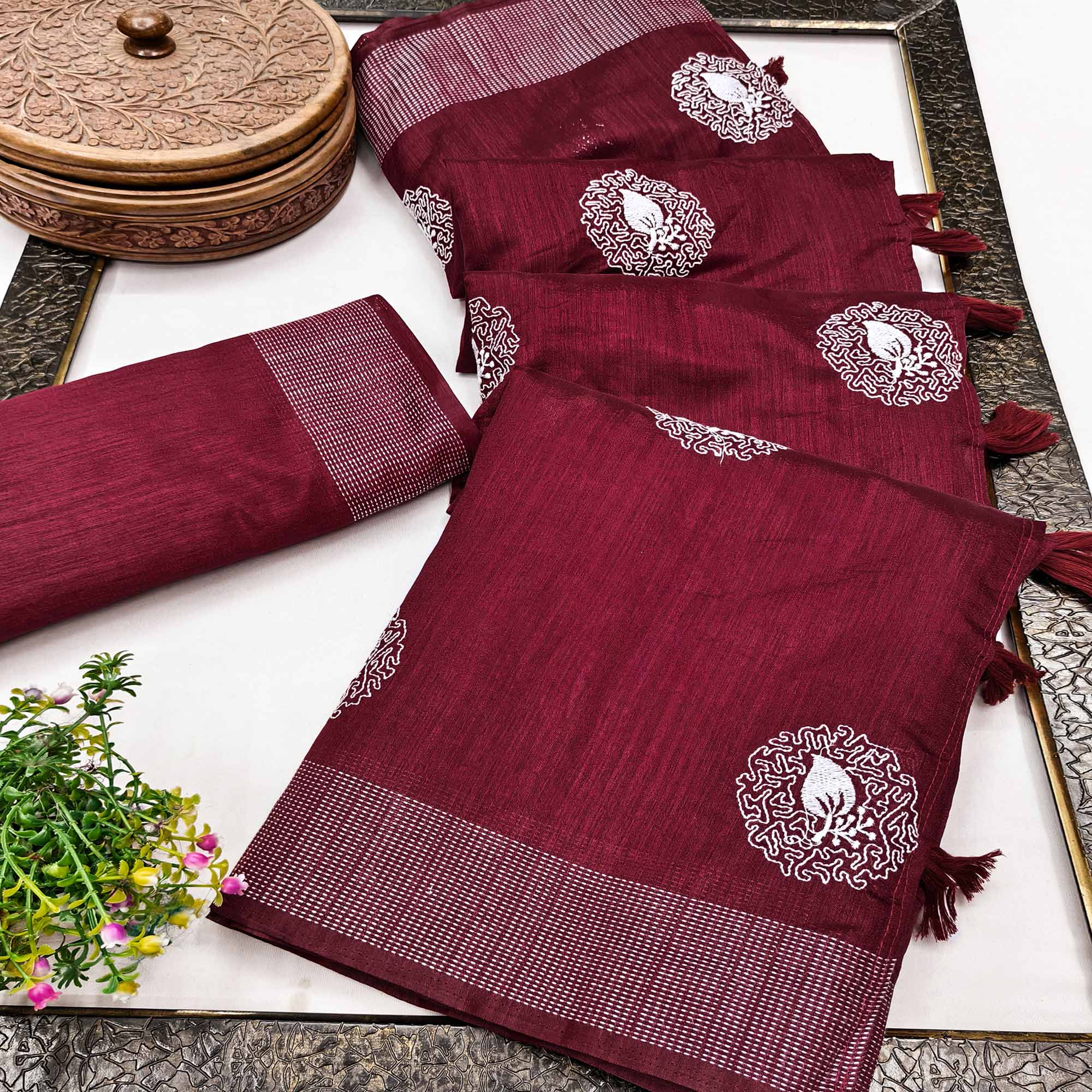 Maroon Embroidered Art Silk Saree Adorned with Classic Zari Weaving Details