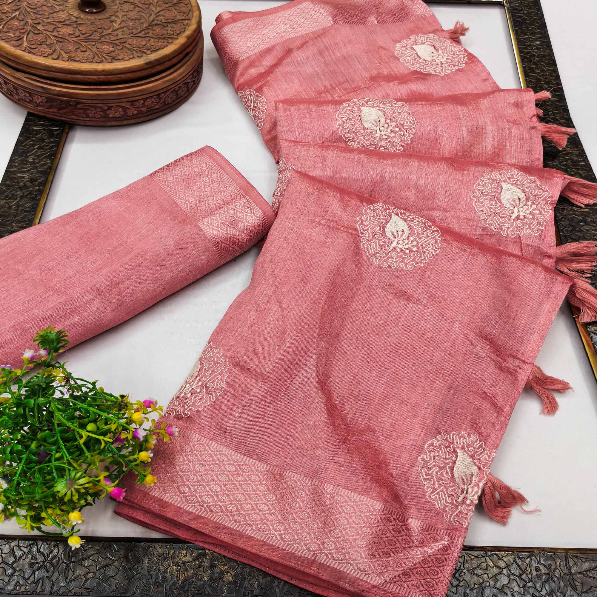 Peach Embroidered Art Silk Saree Adorned with Classic Zari Weaving Details