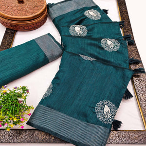 Teal Embroidered Art Silk Saree Adorned with Classic Zari Weaving Details