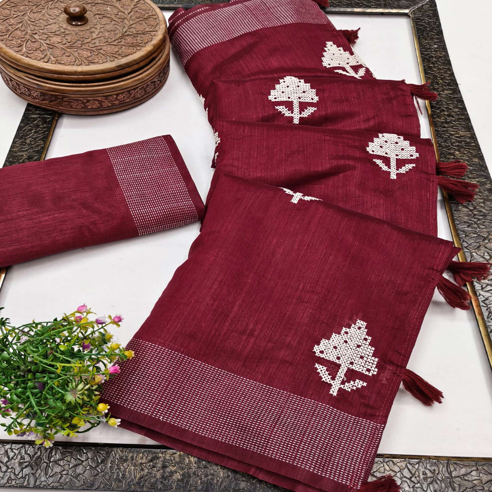 Maroon Embroidered Art Silk Saree Adorned with Classic Zari Weaving Details
