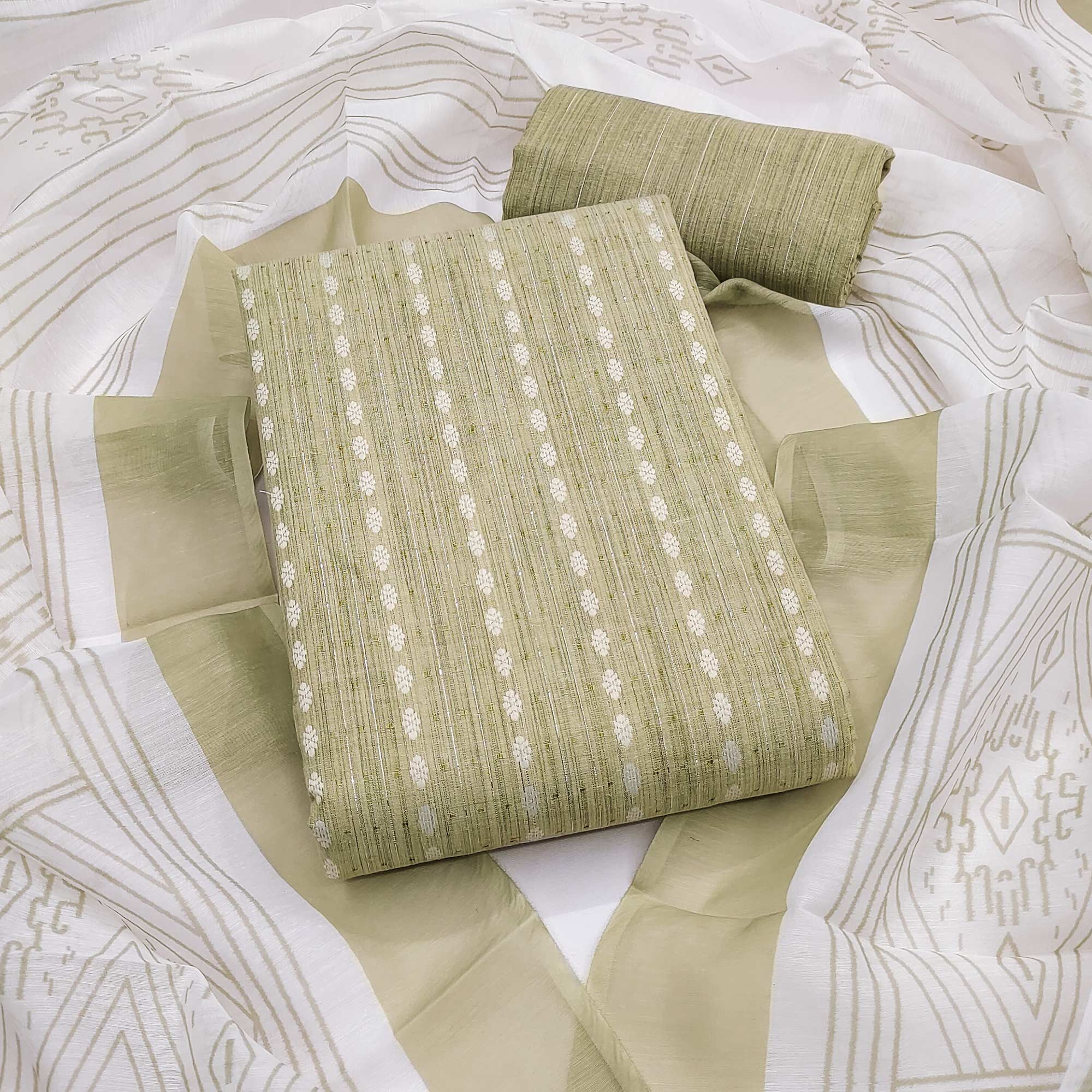 Classic Green Pure Cotton Dress Material Featuring Intricate Weaving