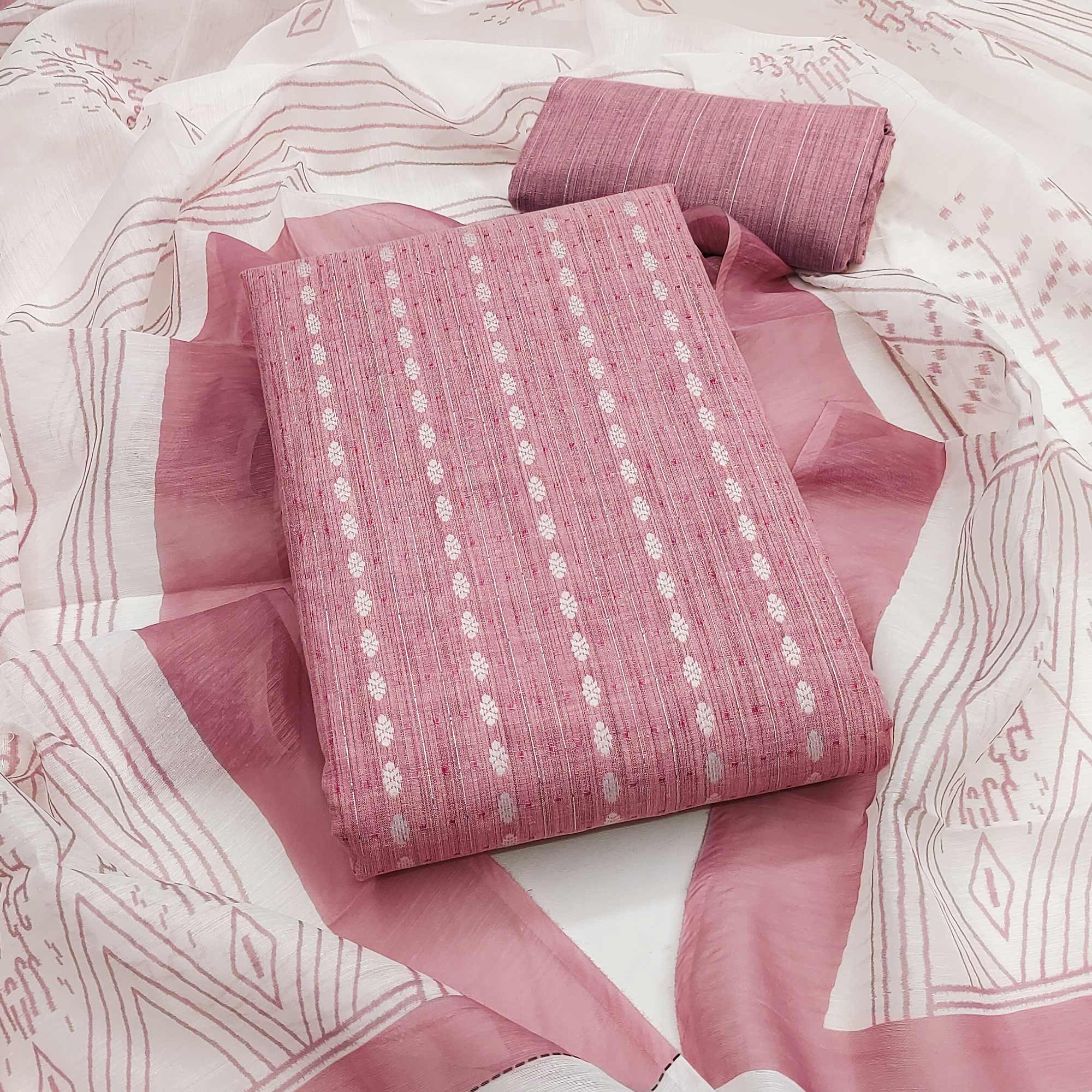 Classic Rose Pink Pure Cotton Dress Material Featuring Intricate Weaving