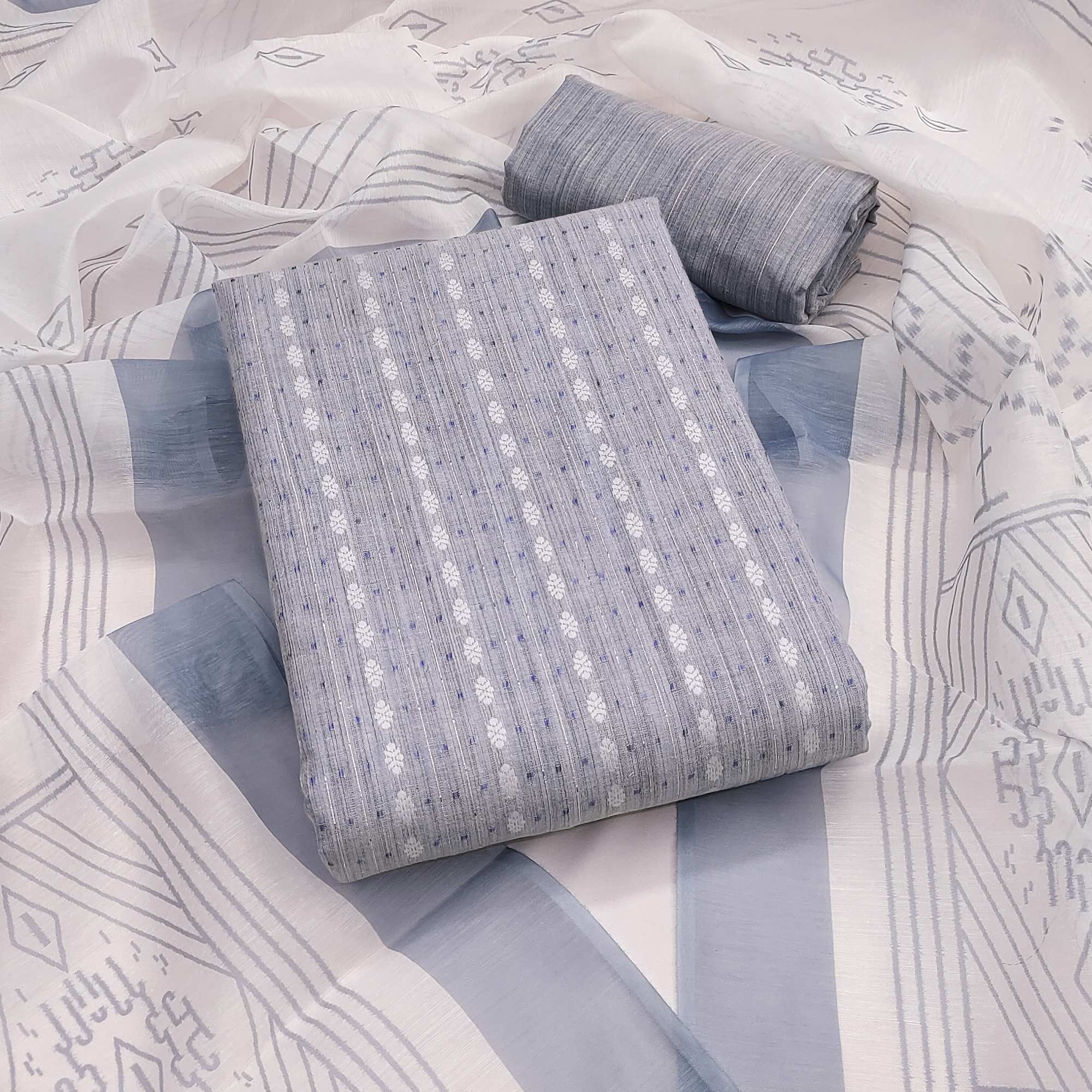 Classic Sky Blue Pure Cotton Dress Material Featuring Intricate Weaving