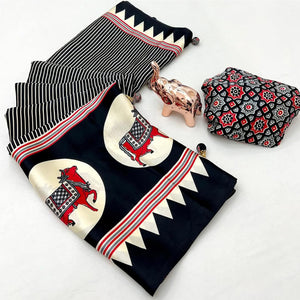 Classic Black Striped Print Saree in Luxurious Crepe Silk Fabric