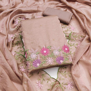 Designer Beige Satin Silk Dress Material with Fine Floral Embroidery